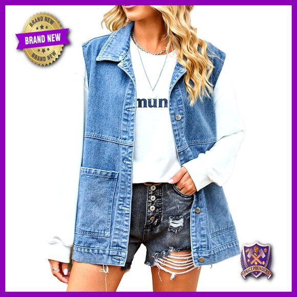 Oversized Denim Vest Distressed Sleeveless Jacket Mid Long Y2K Chic